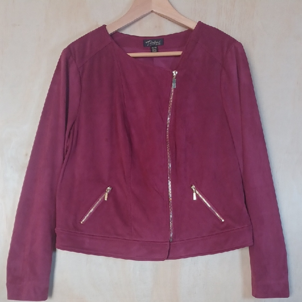 Thalia Sodi Maroon Faux Suede Asymmetric Moto Bomber Jacket Sz XL Gold Tone